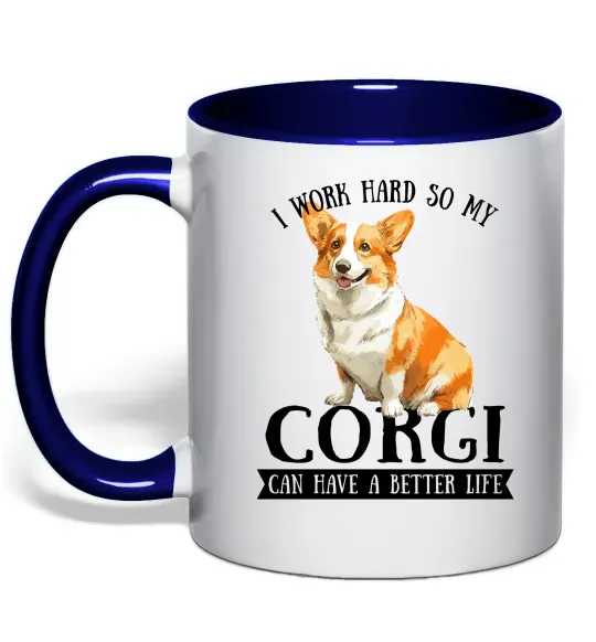 Чашка с цветной ручкой Work hard for corgi Глубокий темно-синий фото