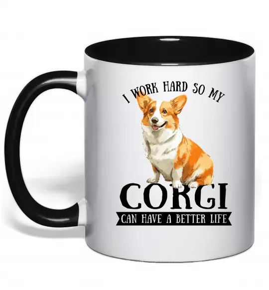 Чашка с цветной ручкой Work hard for corgi Черный фото