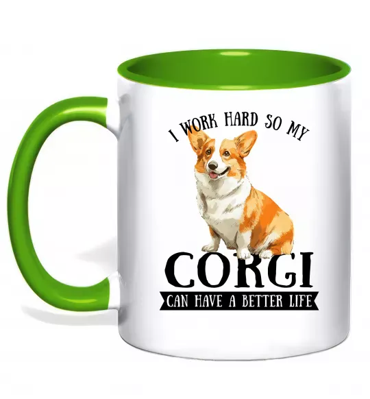 Чашка с цветной ручкой Work hard for corgi Зеленый фото