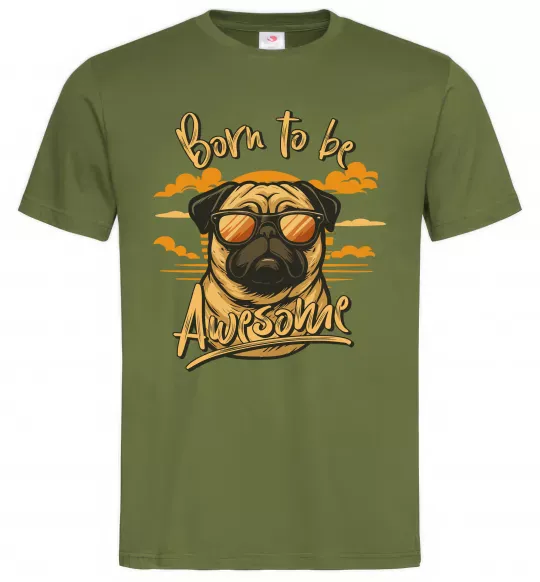 Мужская футболка Mops born to be awesome Оливковый фото