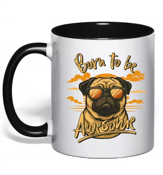 Чашка с цветной ручкой Mops born to be awesome Черный фото