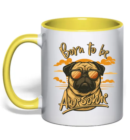 Чашка с цветной ручкой Mops born to be awesome Лимонный фото