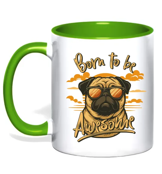 Чашка с цветной ручкой Mops born to be awesome Лаймовый фото