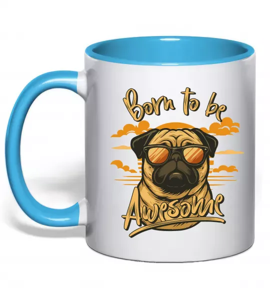 Чашка с цветной ручкой Mops born to be awesome Голубой фото