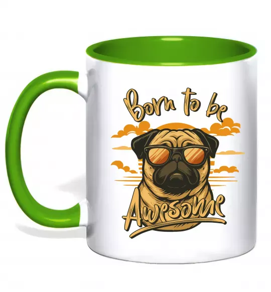 Чашка с цветной ручкой Mops born to be awesome Зеленый фото