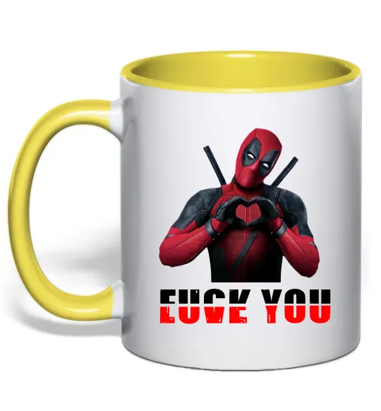 Чашка з кольоровою ручкою Deadpool f*ck you love you Лимонний фото