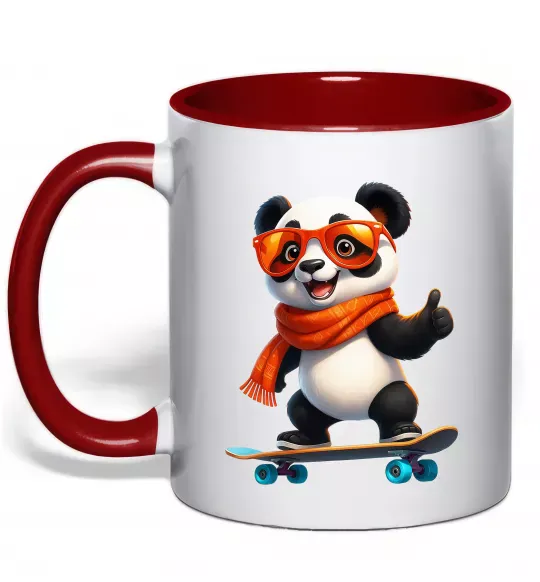 Чашка с цветной ручкой Панда на скейті Красный фото
