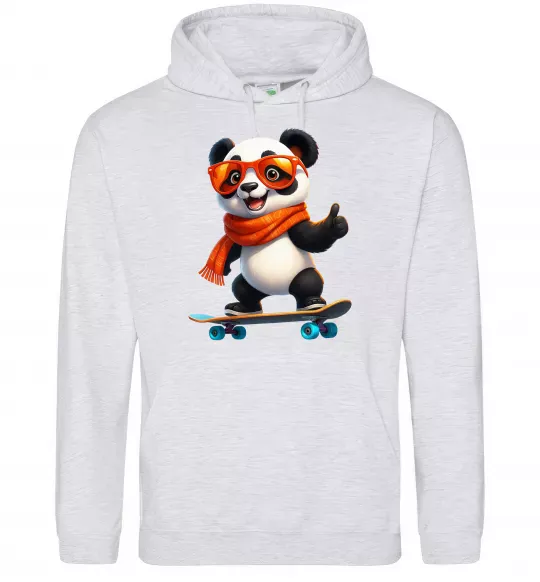 Мужская толстовка (худи) Панда на скейті Серый меланж фото