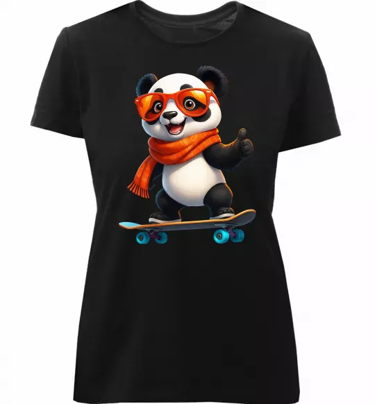 Женская премиум футболка Панда на скейті Черный фото