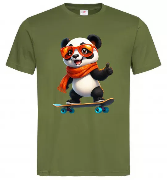 Чоловіча футболка Панда на скейті Оливковий фото