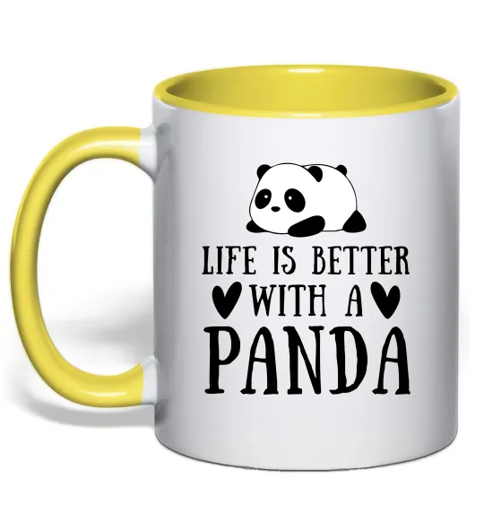 Чашка з кольоровою ручкою Life is better with a panda Лимонний фото