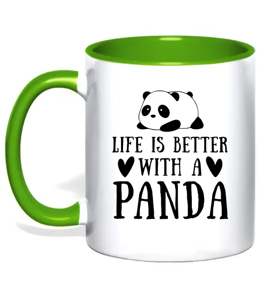 Чашка з кольоровою ручкою Life is better with a panda Лаймовий фото
