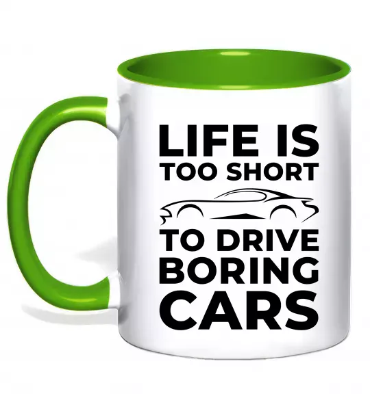 Чашка з кольоровою ручкою Life is to short to drive boring cars Зелений фото