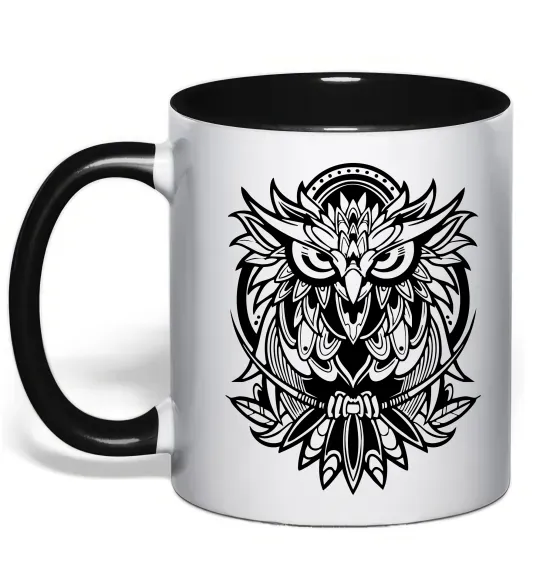 Чашка с цветной ручкой Сова орнамент Черный фото