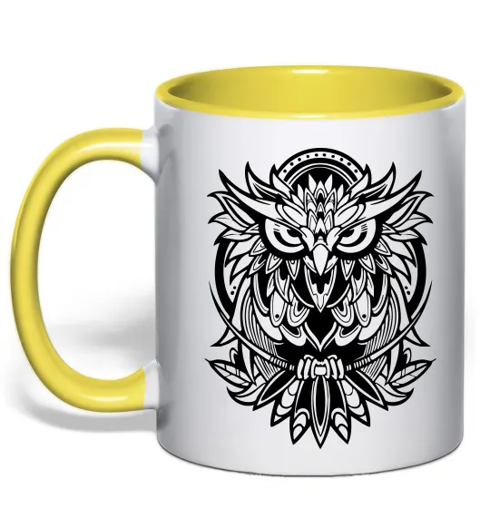 Чашка с цветной ручкой Сова орнамент Лимонный фото