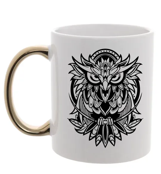 Чашка с цветной ручкой Сова орнамент Золото фото