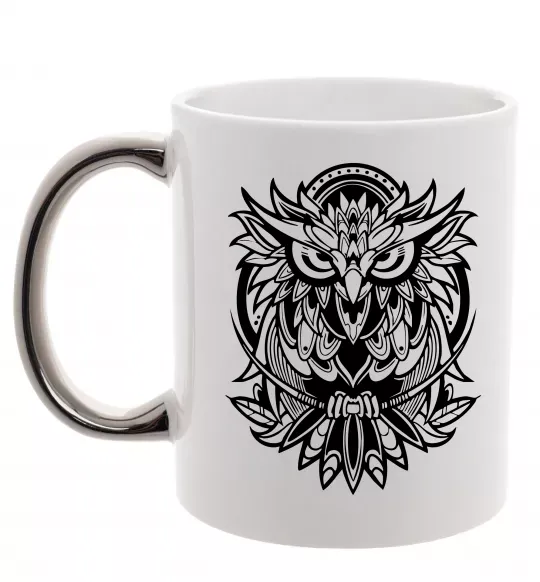 Чашка с цветной ручкой Сова орнамент Серебро фото