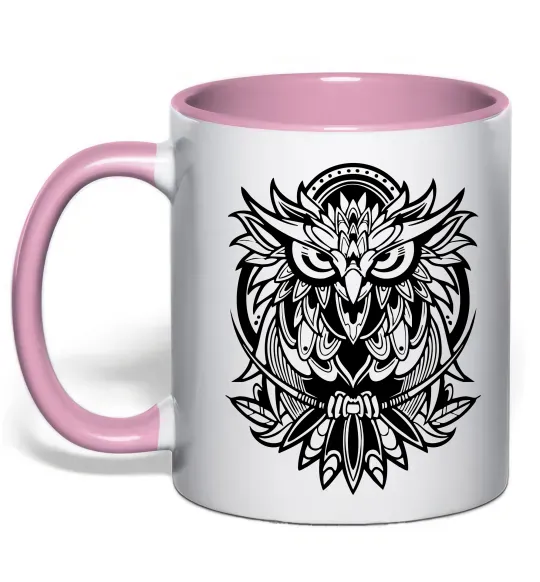 Чашка с цветной ручкой Сова орнамент Нежно розовый фото