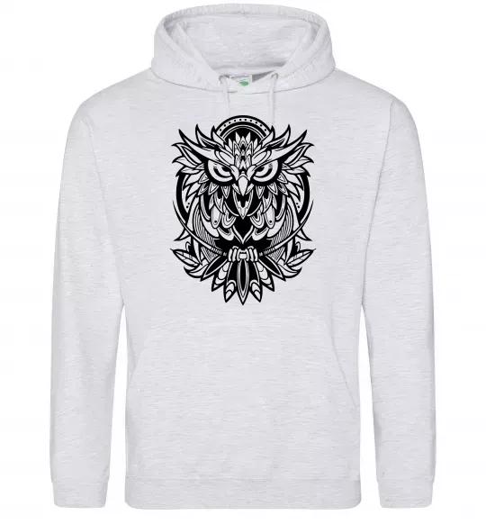 Мужская толстовка (худи) Сова орнамент Серый меланж фото