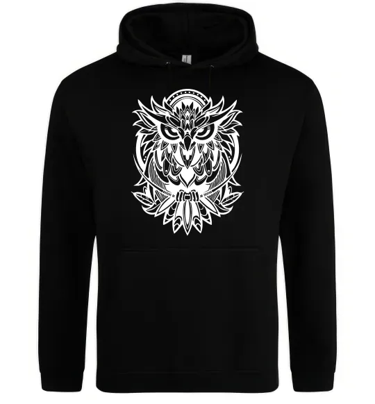 Мужская толстовка (худи) Сова орнамент Черный фото