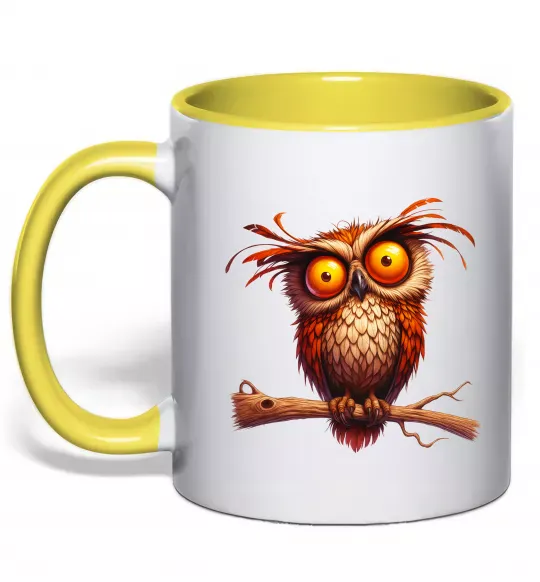 Чашка с цветной ручкой Кумедна сова на гілці Солнечно желтый фото