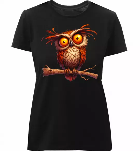 Женская премиум футболка Кумедна сова на гілці Черный фото