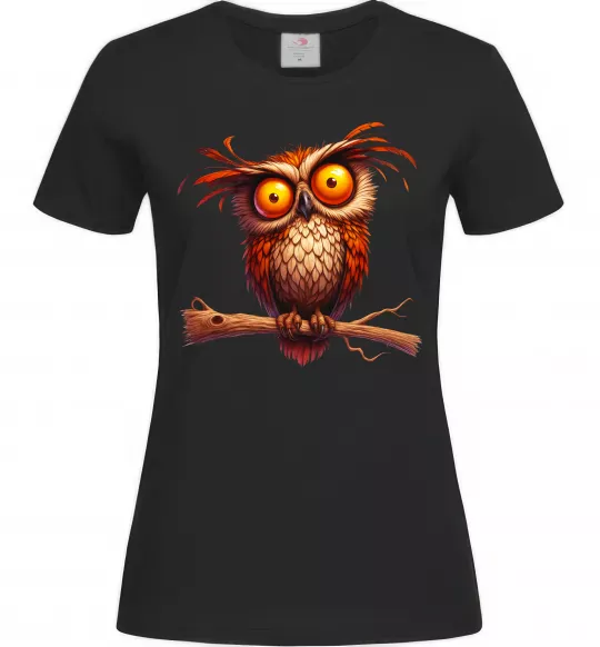 Жіноча футболка Кумедна сова на гілці Чорний фото