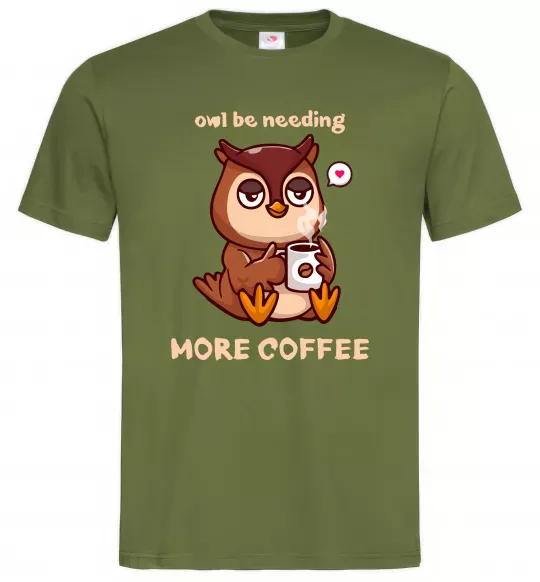 Мужская футболка Owl be needing more coffee Оливковый фото