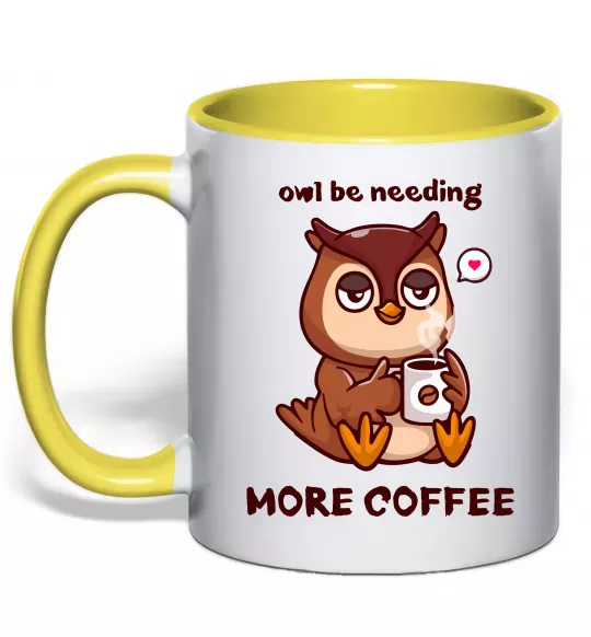 Чашка з кольоровою ручкою Owl be needing more coffee Сонячно жовтий фото