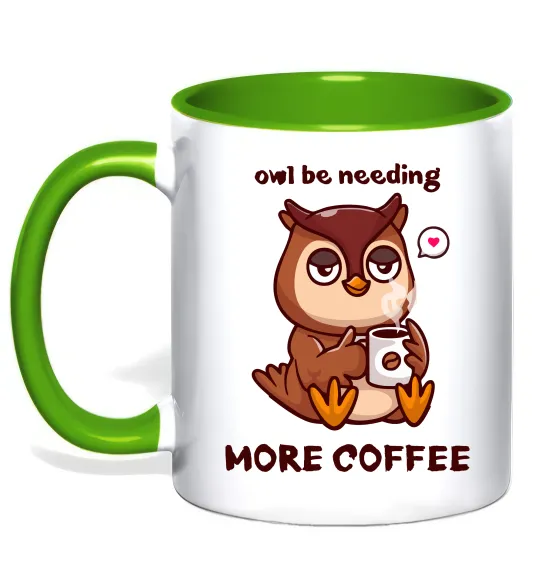 Чашка с цветной ручкой Owl be needing more coffee Лаймовый фото
