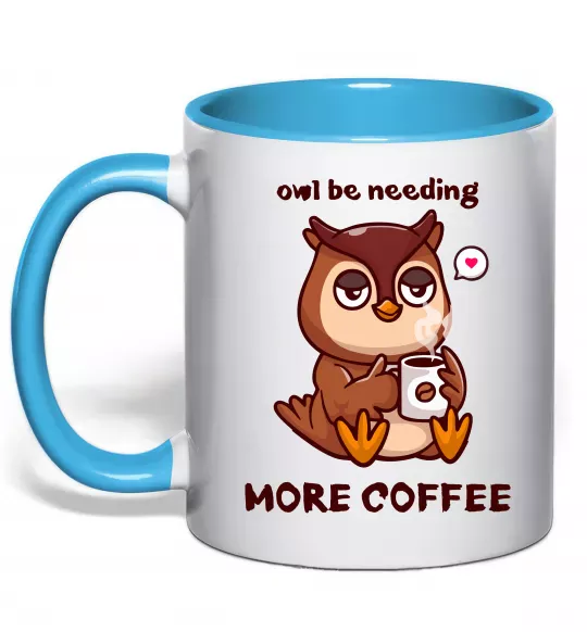 Чашка з кольоровою ручкою Owl be needing more coffee Блакитний фото