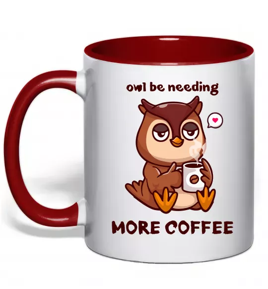 Чашка з кольоровою ручкою Owl be needing more coffee Червоний фото