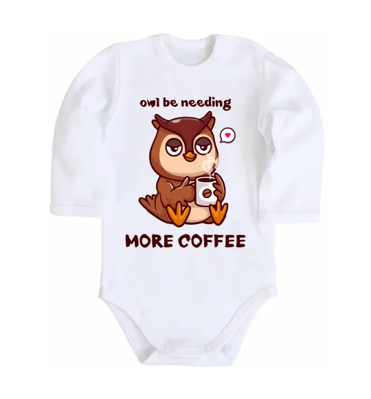 Дитячий бодік Owl be needing more coffee Білий фото