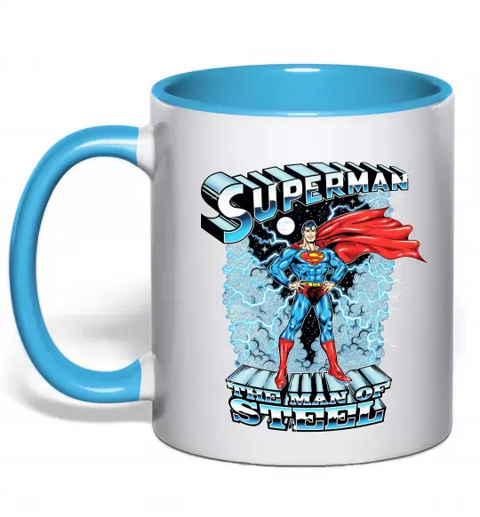 Чашка з кольоровою ручкою The man of steel Блакитний фото