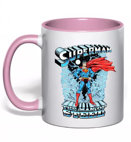 Чашка з кольоровою ручкою The man of steel Ніжно рожевий фото