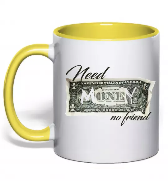 Чашка з кольоровою ручкою Need money no friend Сонячно жовтий фото