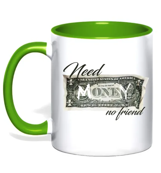 Чашка с цветной ручкой Need money no friend Лаймовый фото