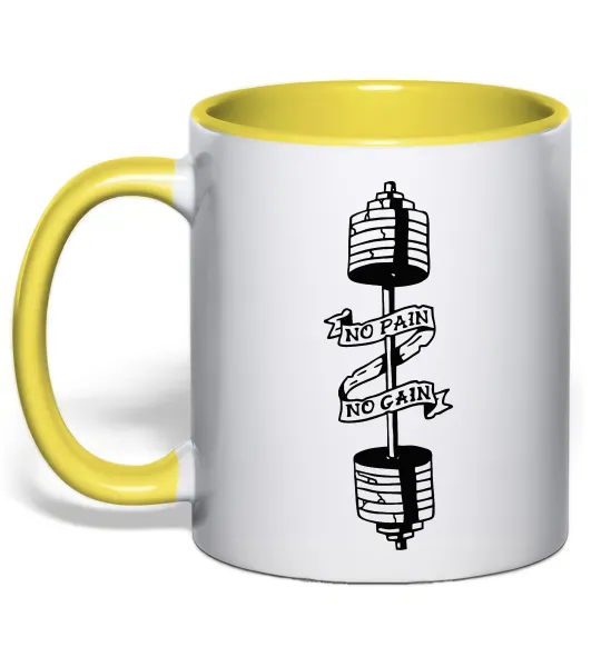 Чашка з кольоровою ручкою No pain, no gain Штанга Лимонний фото