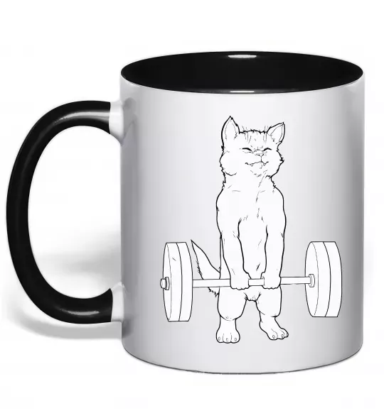 Чашка з кольоровою ручкою Кіт з штангою Чорний фото