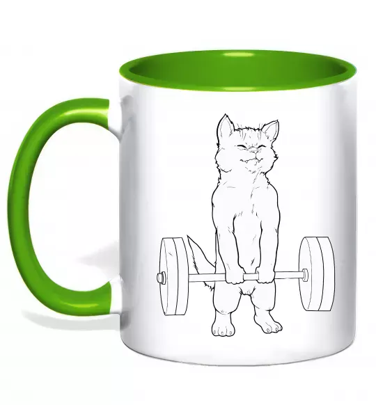 Чашка з кольоровою ручкою Кіт з штангою Зелений фото