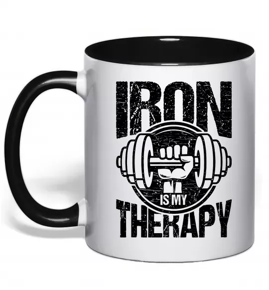 Чашка з кольоровою ручкою Iron is my therapy Чорний фото