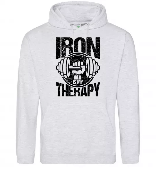 Мужская толстовка (худи) Iron is my therapy Серый меланж фото
