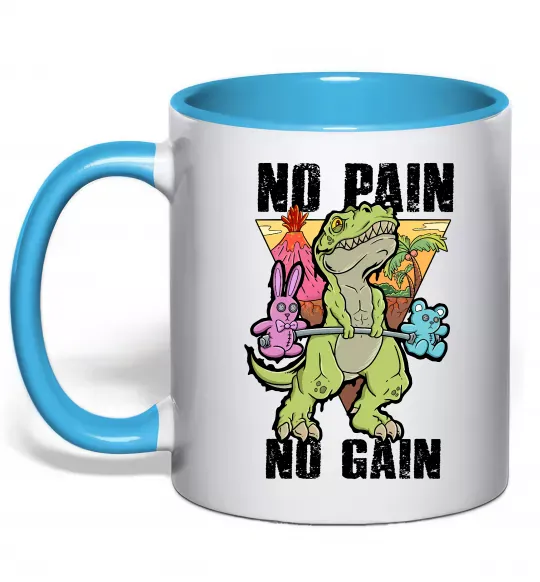 Чашка з кольоровою ручкою No pain no gain Dino Блакитний фото
