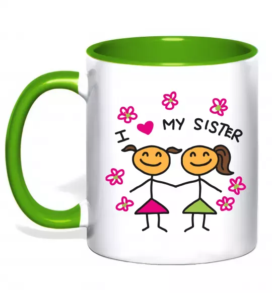 Чашка з кольоровою ручкою I love my sister малюнок Зелений фото