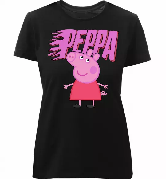 Женская премиум футболка Peppa вогняний напис Черный фото