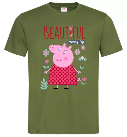 Мужская футболка Beatiful mummy pig Оливковый фото