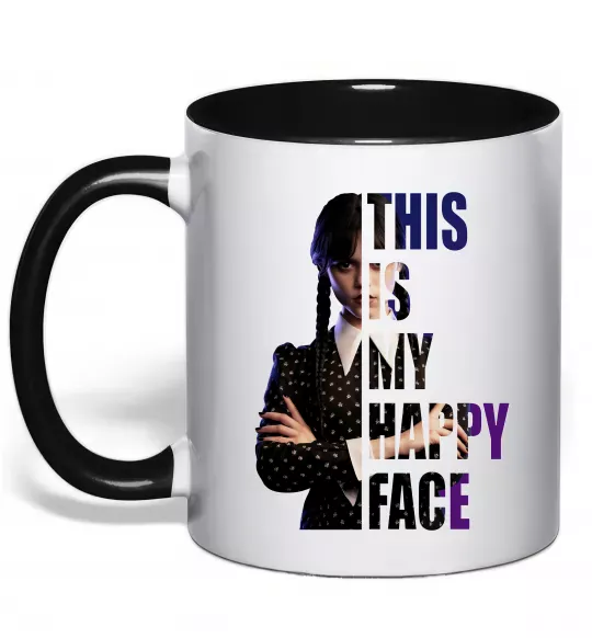 Чашка с цветной ручкой Wednesday this is my happy face Черный фото