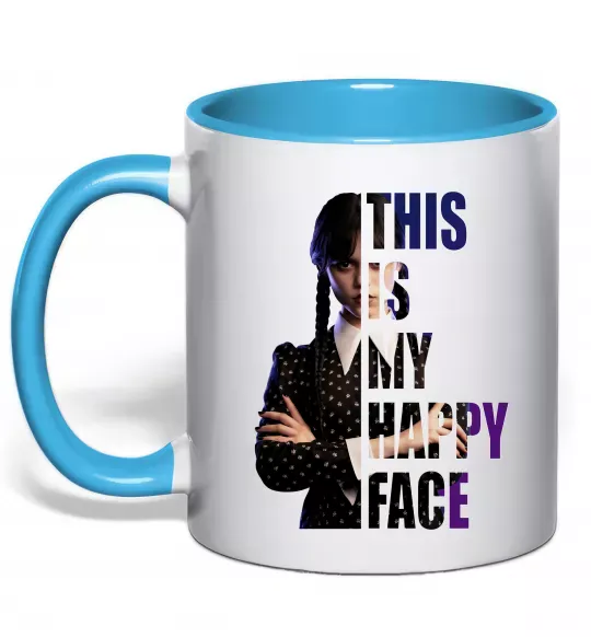 Чашка с цветной ручкой Wednesday this is my happy face Голубой фото