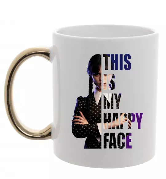 Чашка с цветной ручкой Wednesday this is my happy face Золото фото