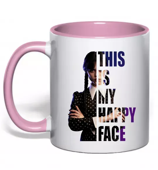 Чашка с цветной ручкой Wednesday this is my happy face Нежно розовый фото